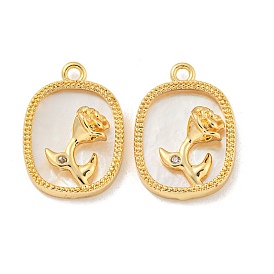 Rack Plating Brass Micro Pave Clear Cubic Zirconia Pendants, with Shell, Oval with Rose Pattern