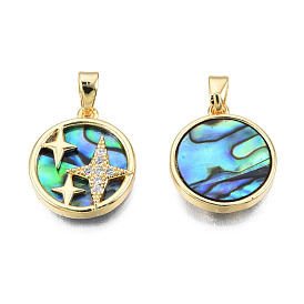 Brass Micro Pave Clear Cubic Zirconia Pendants, with Synthetic Abalone Shell/Paua Shells, Star Charms, Real 18K Gold Plated, Nickel Free, Flat Round