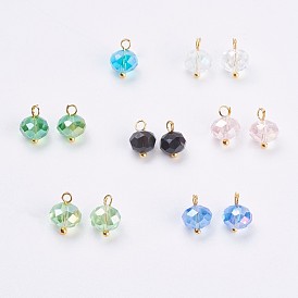 Glass Charms, with Brass Findings, Rondelle, Faceted, Golden