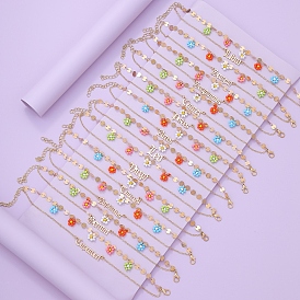 Constellation Alloy & Glass Seed Beads Double Layer Colorful Flower Anklets, Golden