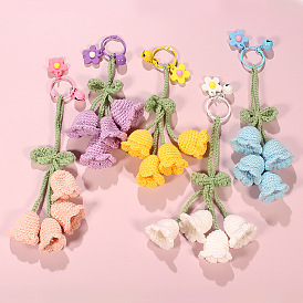 Handmade Macrame Wool Crochet Flower Pendant Decorations, with Bell and Plastic Flower Charms