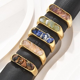 Прямоугольные натуральные драгоценные камни в форме крошки кольца для пальцев, 304 кольца из нержавеющей стали, реальный 18 k позолоченный