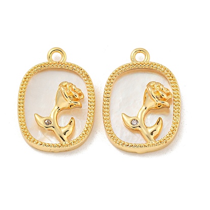 Placage de crémaillère en laiton micro pavé pendentifs en zircone cubique claire, sans cadmium et sans nickel et sans plomb, avec coquille, ovale avec motif rose