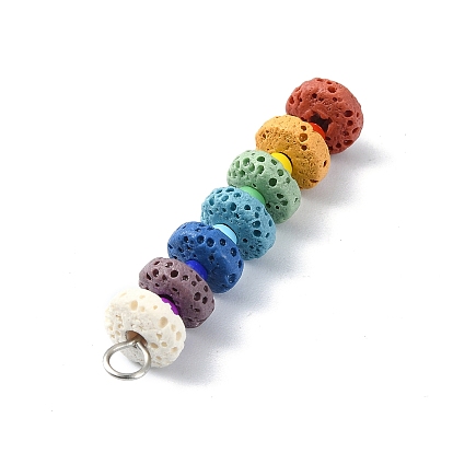 Chakra Natural Lava Rock Dyed Flat Round Connector Charms, Colorful Gems 304 Stainless Steel Glass Seed Beads Links