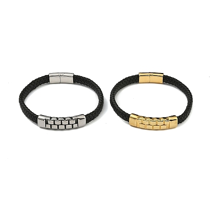Мужские плетеные черные браслеты из искусственной кожи, рифленый прямоугольник 304 браслеты со звеньями из нержавеющей стали и магнитными застежками