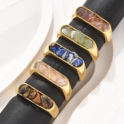 Прямоугольные натуральные драгоценные камни в форме крошки кольца для пальцев, 304 кольца из нержавеющей стали, реальный 18 k позолоченный