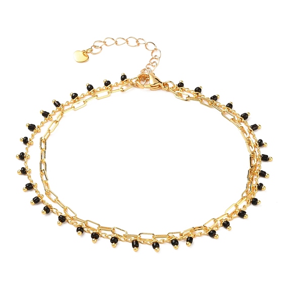 2 Layered Brass Curb Chains Anklets, with Handmade Glass Beaded Chains & Paperclip Chains, 304 Stainless Steel Heart Charms, Lobster Claw Clasps