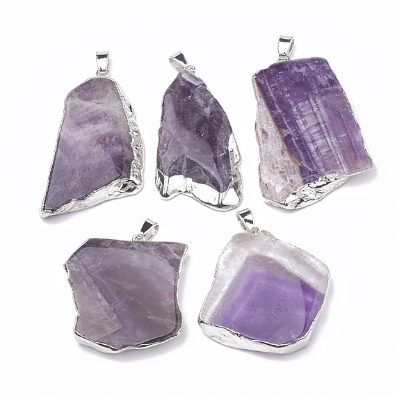 Natural Amethyst Pendants, with Iron Clasps, Mixed Shapes