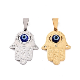 304 Stainless Steel Pendants, with Resin and Crystal Rhinestone, Hamsa Hand with Evil Eye