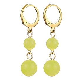 304 Stainless Steel with Natural Lemon Jade Dangle Leverback Earrings, Round