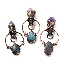 Natural Amethyst & Labradorite Big Pendants, Red Copper Tone Brass Skull Charms with Jump Rings, Mixed Shapes