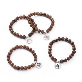Cuentas de madera unisex pulseras con dijes elásticos, con 304 cuentas de acero inoxidable y colgantes de aleación de estilo tibetano, plano y redondo