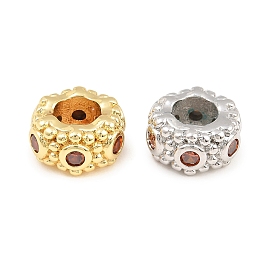 Brass Micro Pave Orange Cubic Zirconia European Beads, Flat Round, Large Hole Beads, Cadmium Free & Lead Free, Rack Plating, Long-Lasting Plated