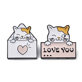 Cute Cat with Heart Envelope/Word Love You Enamel Pins, Black Alloy Brooch for Women, Valentine's Day Theme