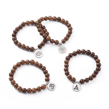 Cuentas de madera unisex pulseras con dijes elásticos, con 304 cuentas de acero inoxidable y colgantes de aleación de estilo tibetano, plano y redondo