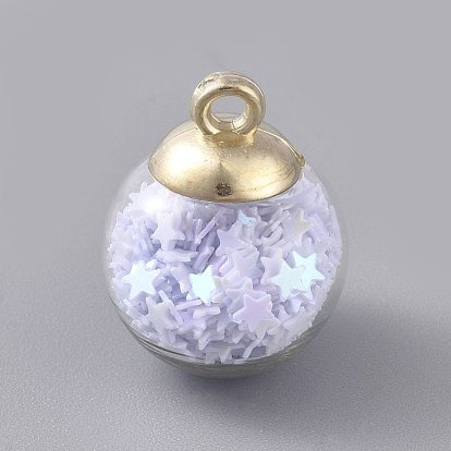 Glass Ball Pendants, with Star Glitter Sequins and Golden Plated CCB Plasti...