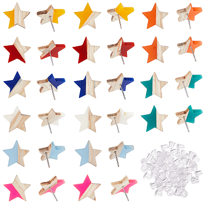 Resin & Wood Stud Earrings, with 304 Stainless Steel Pin and Plastic Ear Nuts, Star