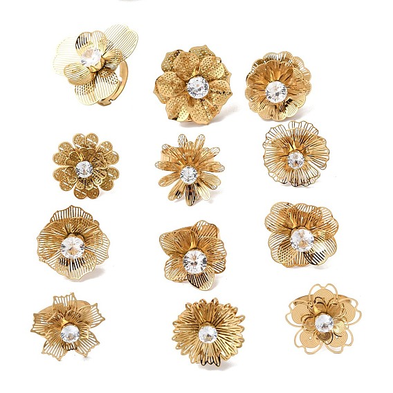 201 Регулируемые кольца-манжеты из нержавеющей стали с одинарным кубическим цирконием для женщин, цветок