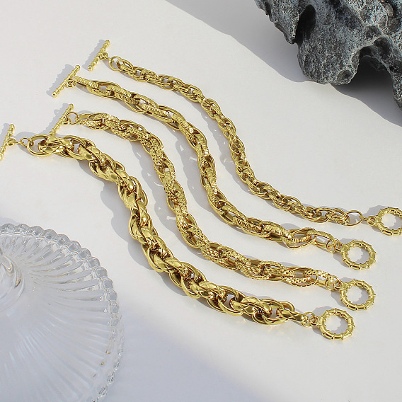 Текстурированные 304 браслеты из нержавеющей стали с двойными звеньями для женщин, овальные