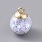 Glass Ball Pendants, with Star Glitter Sequins and Golden Plated CCB Plastic Cup Peg Bails, Round