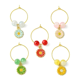 Alloy Enamel Flower Wine Glass Charms, with Glass Beads and Brass Wine Glass Charm Rings