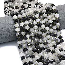 Нити натуральных кварцевых бусин черного турмалинового цвета, граненые, рондель, с бисером