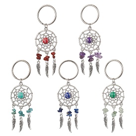 Woven Net/Web with Feather Alloy Gemstone Keychain, with Iron Split Key Rings