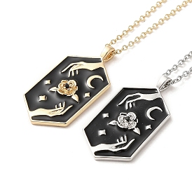 304 Stainless Steel Cable Chain Necklaces, Divine Rose and Moon & Star Pendant Necklaces, with Enamel for Women