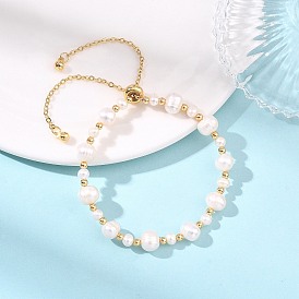 Adjustable Natural Cultured Freshwater Pearl & Brass Beads Slider Bracelets for Women, Round