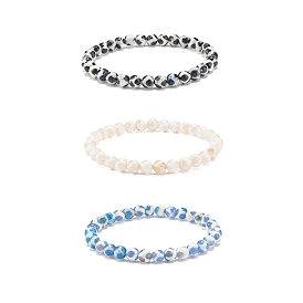 3Pcs 3 Color Mala Beads Bracelet, Natural Tibetan Dzi Agate Round Beaded Stretch Bracelet for Women