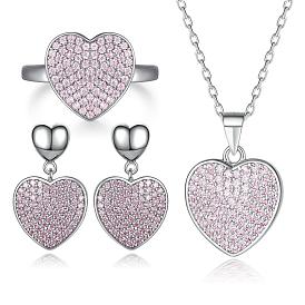 Romantic Pink Zirconia Jewelry Set - Heart-shaped Ring, Earrings & Necklace in Sterling Silver