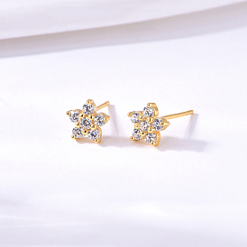 925 Sterling Silver Flower Stud Earrings, with Clear Cubic Zirconia