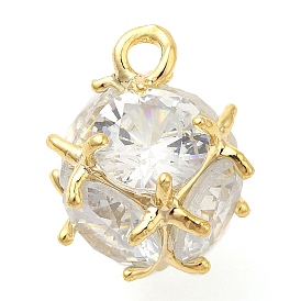 Round Rack Plating Brass with Cubic Zirconia Pendants Charms, Lead Free & Cadmium Free