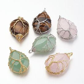 Natural Gemstone Pendants, Brass Wire Wrapped Pendants, Teardrop