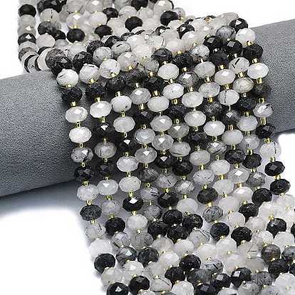 Нити натуральных кварцевых бусин черного турмалинового цвета, граненые, рондель, с бисером