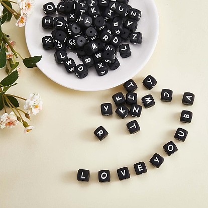 20Pcs Black Cube Letter Silicone Beads 12x12x12mm Square Dice Alphabet Beads with 2mm Hole Spacer Loose Letter Beads for Bracelet Necklace Jewelry Making
