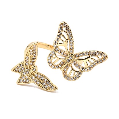 Brass Micro Pave Cubic Zirconia Cuff Ring, Long-Lasting Plated, Butterfly