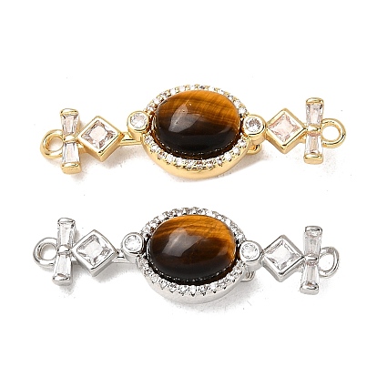 Латунные застежки из прозрачного кубического циркония с микропаве, с натуральным тигровый глаз, овальные с ромбами