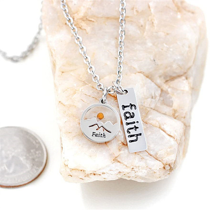 304 Stainless Steel Mustard Seed Flat Round Faith Mountain Pendant Necklaces for Women