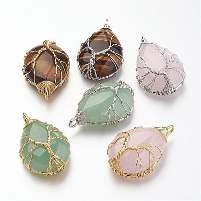 Natural Gemstone Pendants, Brass Wire Wrapped Pendants, Teardrop