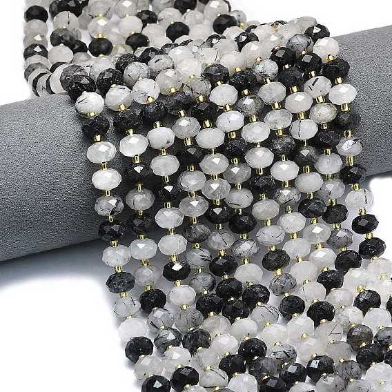 Нити натуральных кварцевых бусин черного турмалинового цвета, граненые, рондель, с бисером