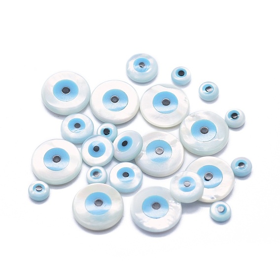 Cabochons coquille, avec turquoise synthétique, rond et plat avec des mauvais œil