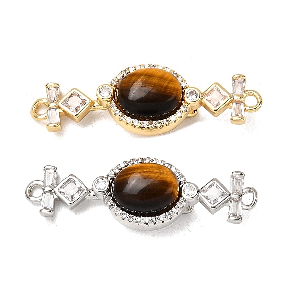 Латунные застежки из прозрачного кубического циркония с микропаве, с натуральным тигровый глаз, овальные с ромбами