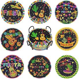 DIY Cinco de Mayo Carnival Theme Diamond Painting Wood Cup Mat Kits, Including Coster Holder, Resin Rhinestones, Diamond Sticky Pen, Tray Plate and Glue Clay