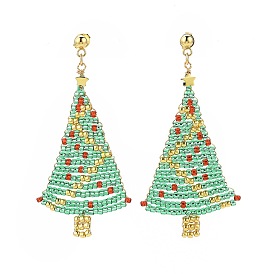 Glass Seed Braided Christmas Tree Dangle Stud Earrings, Golden 304 Stainless Steel Wire Wrapped Long Drop Earrings for Women