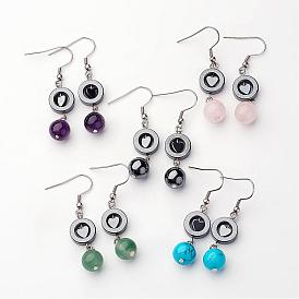 Non-magnétiques perles synthétiques hématite balancent boucle d'oreille, avec des perles de pierres précieuses et 304 en acier inoxydable boucle d'oreille crochets, 50 mm, broches: 0.8 mm