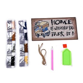 DIY Wall Decor Sign Diamond Painting Kits, Rectangle Wood Board & Car with Word HOME IS WHEREVER, with Acrylic Rhinestone, Pen, Tray Plate, Glue Clay and Hemp Rope