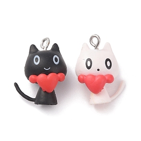 Opaque Resin Pendants, Cat Charms, with Platinum Tone Iron Loops