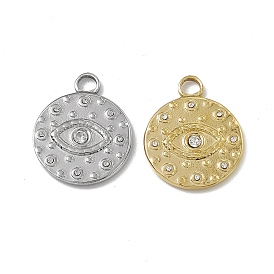 Vacuum Plating 201 Stainless Steel Pendants, with Rhinestone, Flat Round with Eye Charm