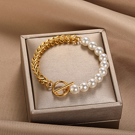 Chic Pearl and Chain Link Stainless Steel Bracelet for Women - Unique OT Clasp Design